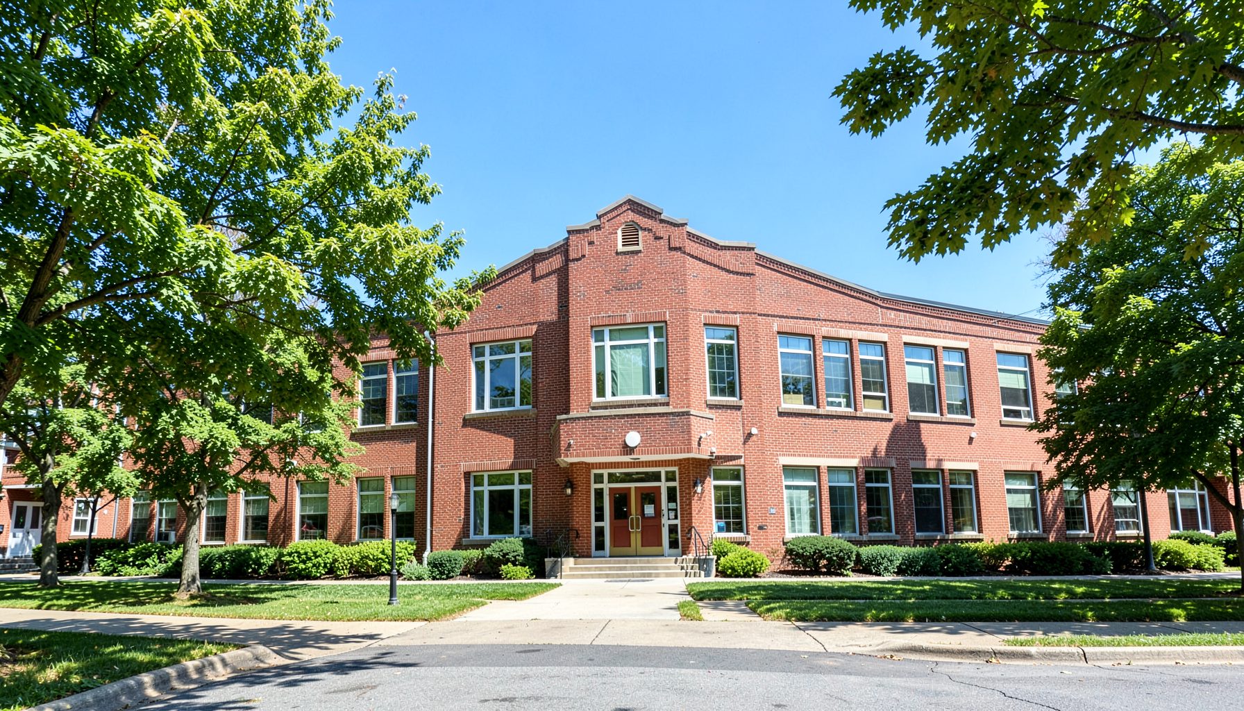 A red brick school building exterior on a sunny day with blue sky and leafy green trees, conveying a welcoming community atmosphere
