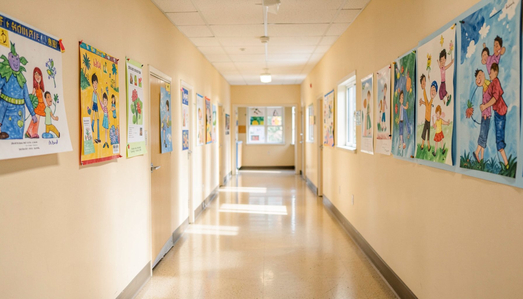 A sunlit elementary school hallway with student artwork on the walls, warm beige and soft blue tones, quiet and welcoming