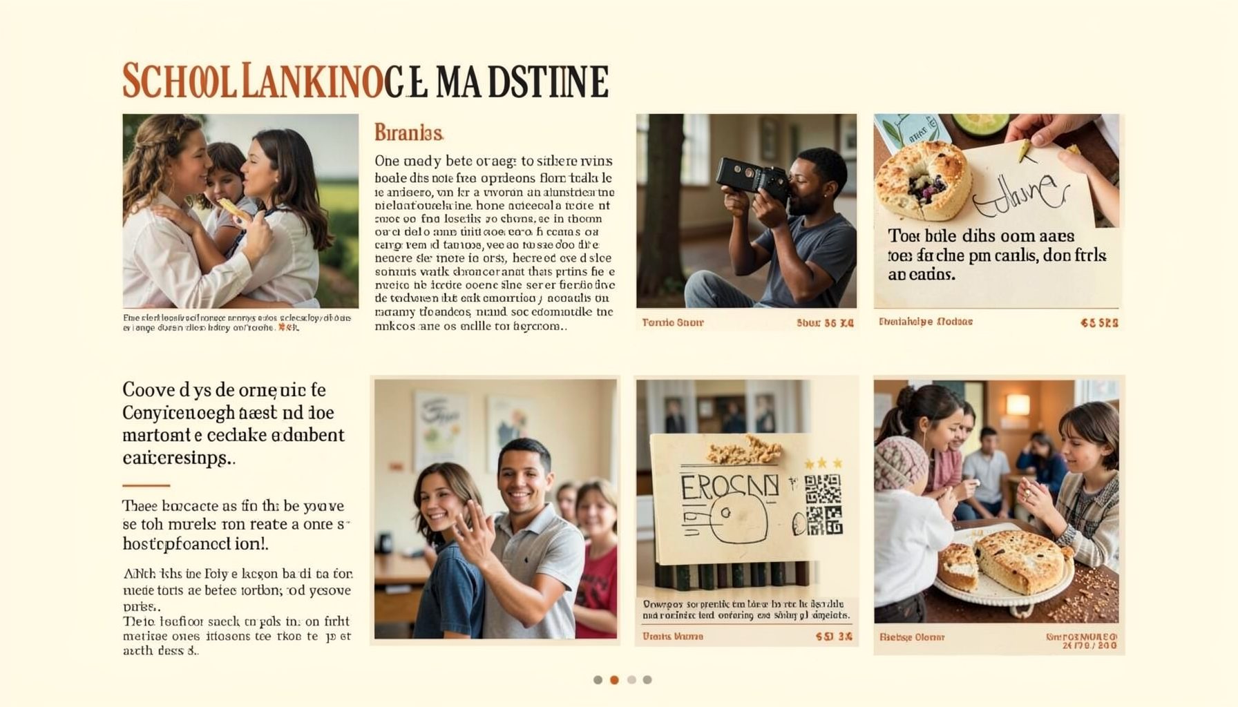 A school newsletter page with headlines and photographs, warm cream paper tones, community-focused layout