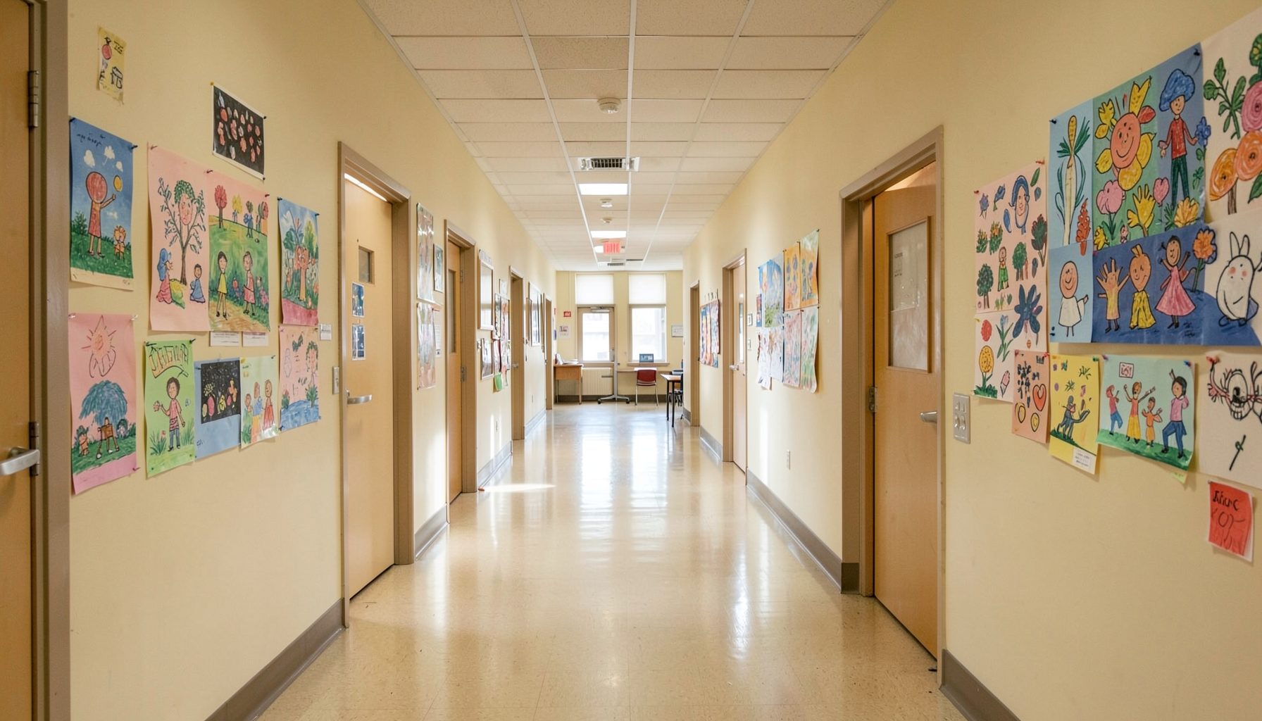 A wide school hallway with colorful student artwork on the walls and soft natural light, conveying a calm and organized learning environment