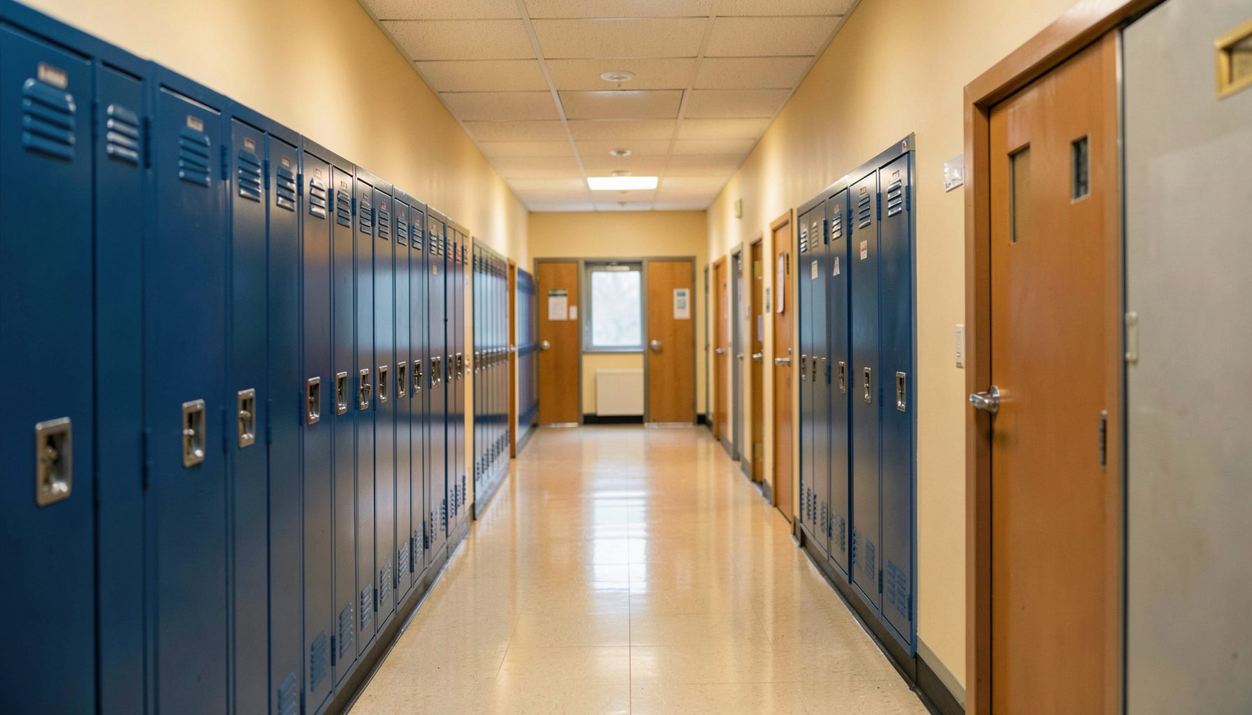 A warm, softly lit hallway in a school building with rows of blue lockers and classroom doors, conveying a calm and organized atmosphere