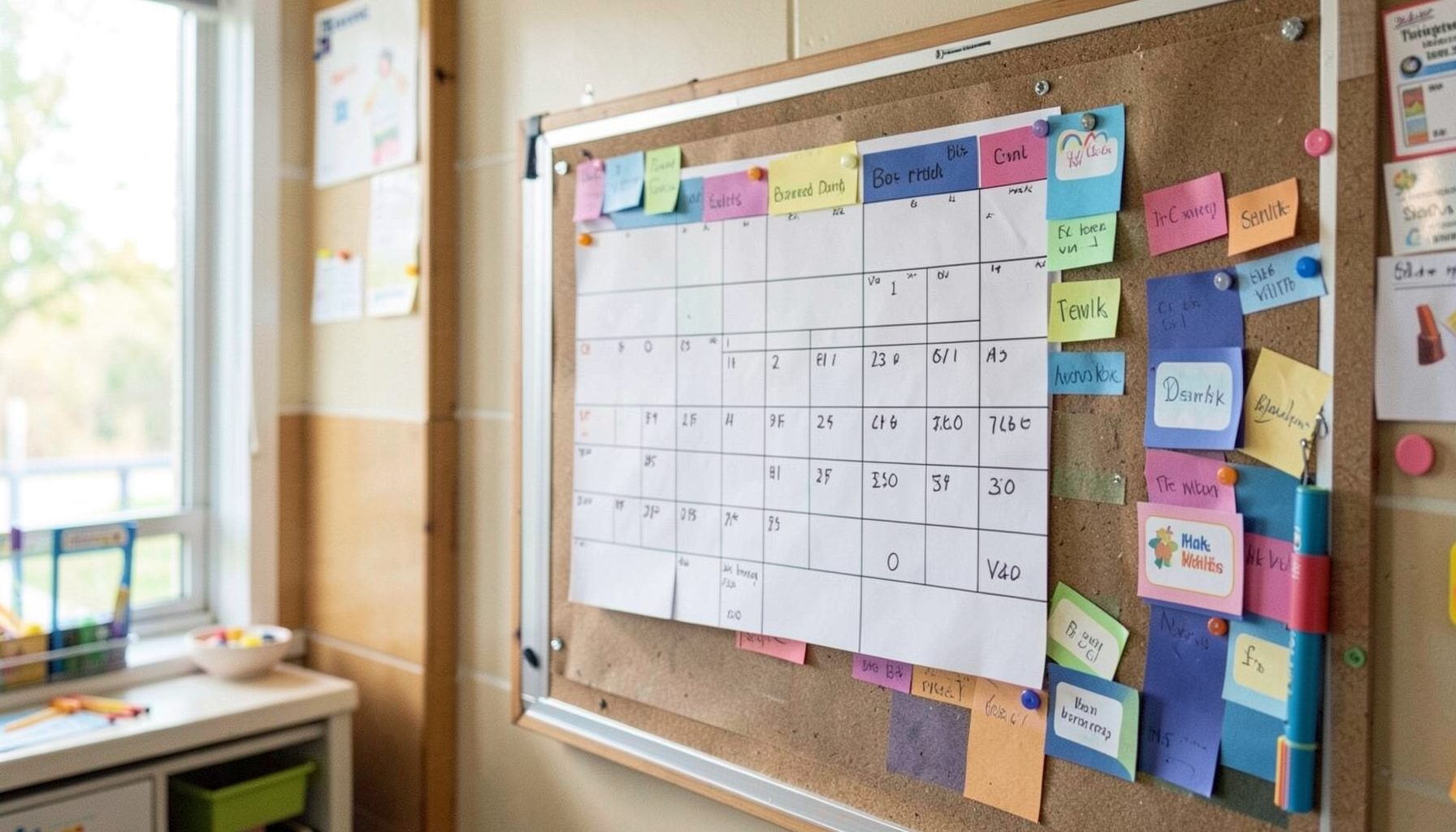 A classroom calendar pinned to a bulletin board with colorful event markers, soft natural light, organized school setting