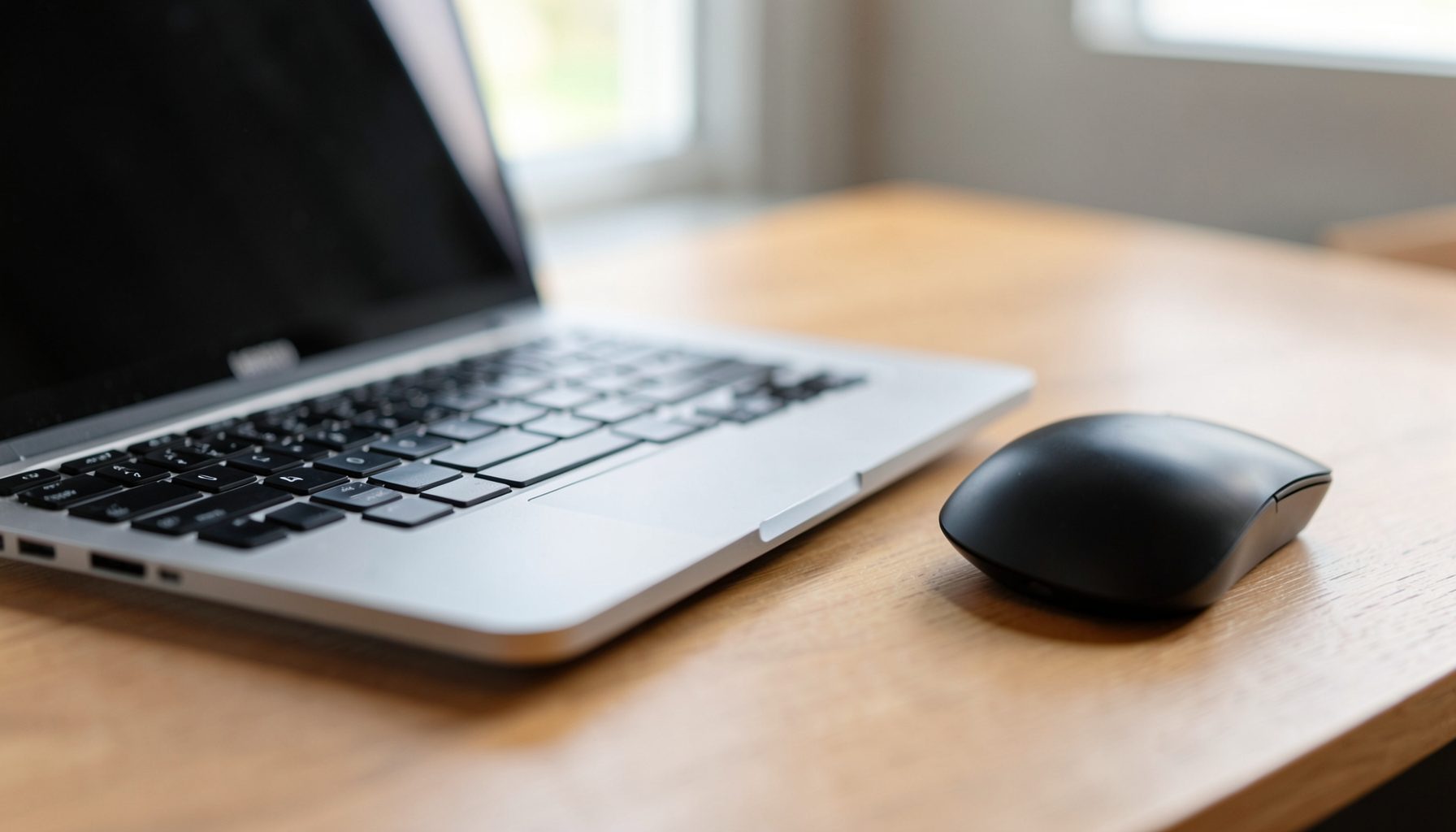 A close-up of a laptop keyboard and mouse on a clean wooden desk, with soft natural light from a nearby window