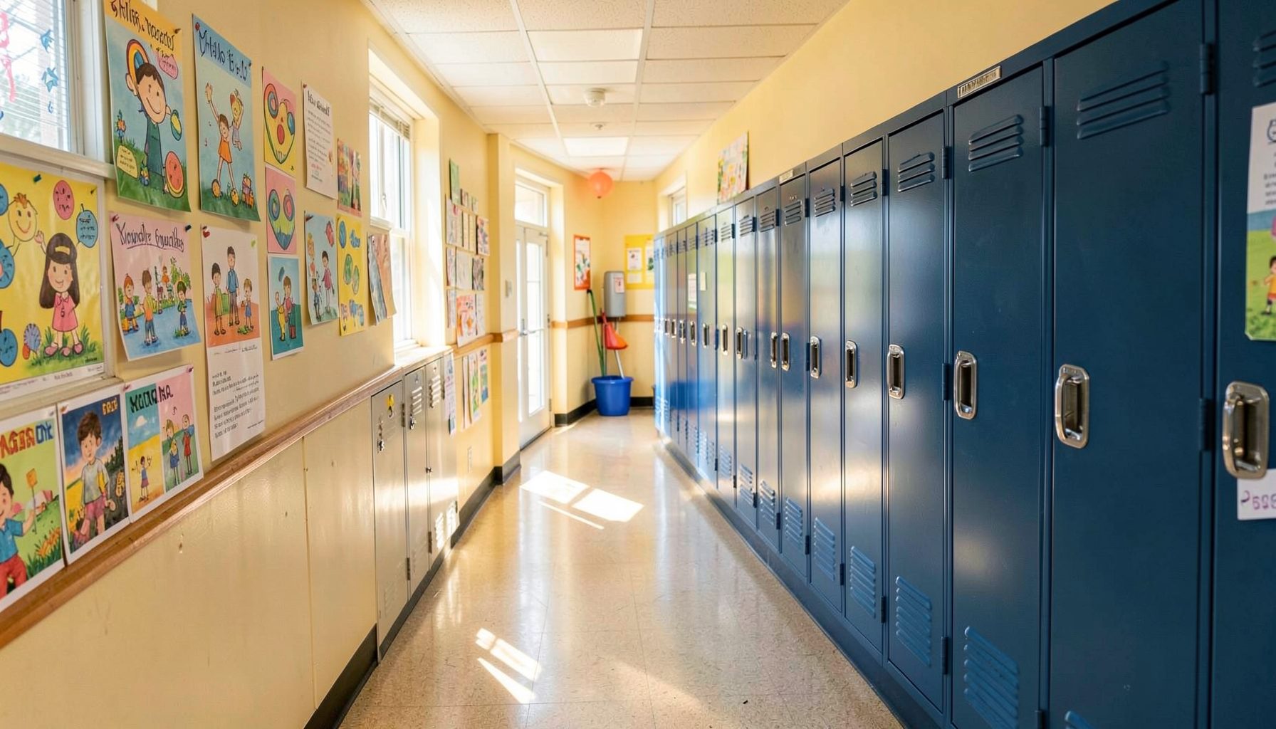 A sunlit elementary school hallway with colorful student artwork on the walls and rows of blue lockers, warm and welcoming