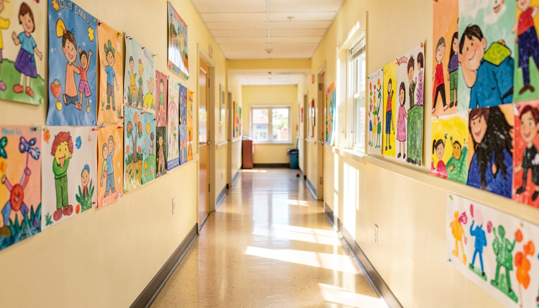 A bright elementary school hallway with colorful student artwork on the walls, sunlight streaming through windows, warm and inviting